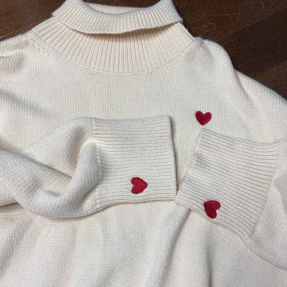 Cream Turtleneck Thick Knit Sweater with Heart Embroidered Detail - Picture 7 of 10
